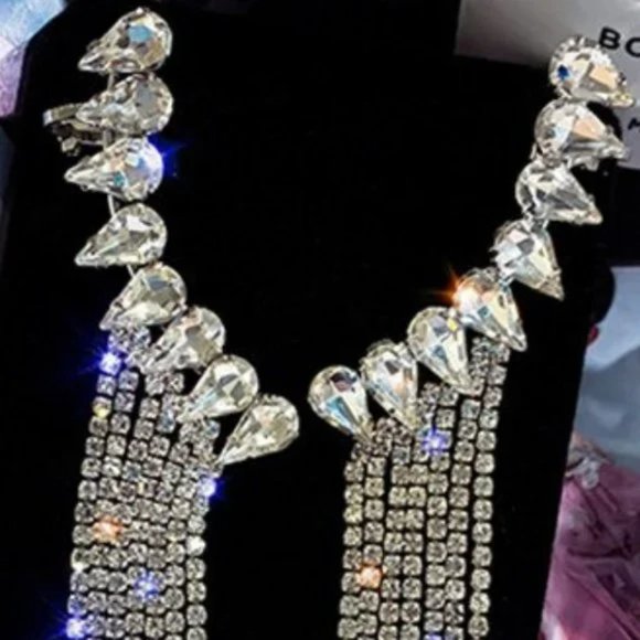 5" Long Crystal Rhinestone Fringe Formal Chandelier Earrings - Picture 4 of 9